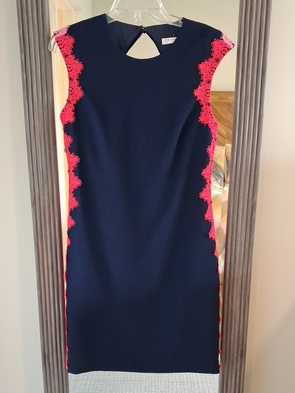 Trina Turk Navy Sheath Dress with Pink & Red Lace Trim ** Size 4